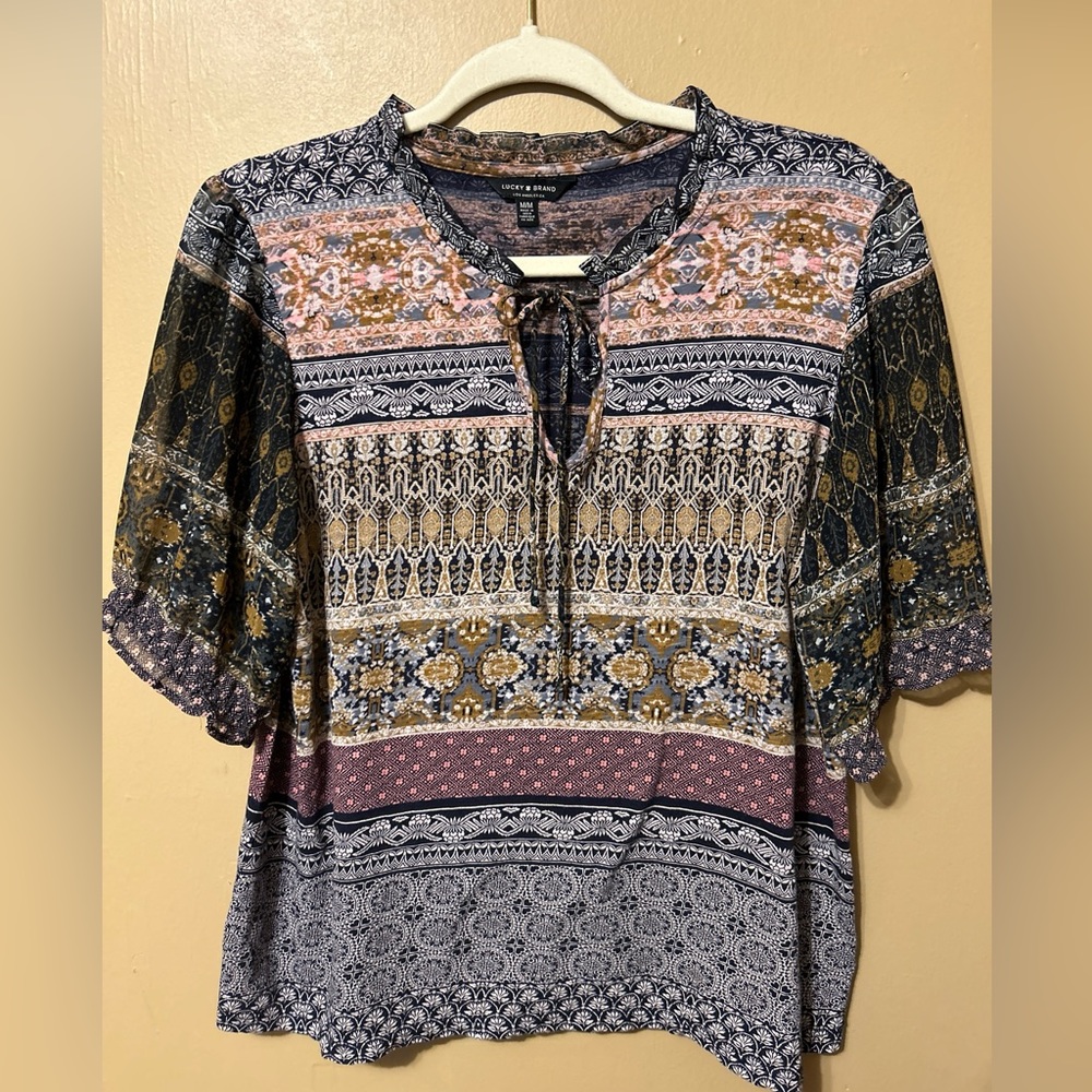 Lucky Brand Medium Boho Print Shirt Top Short Sleeve Medium M Casual Multicolor